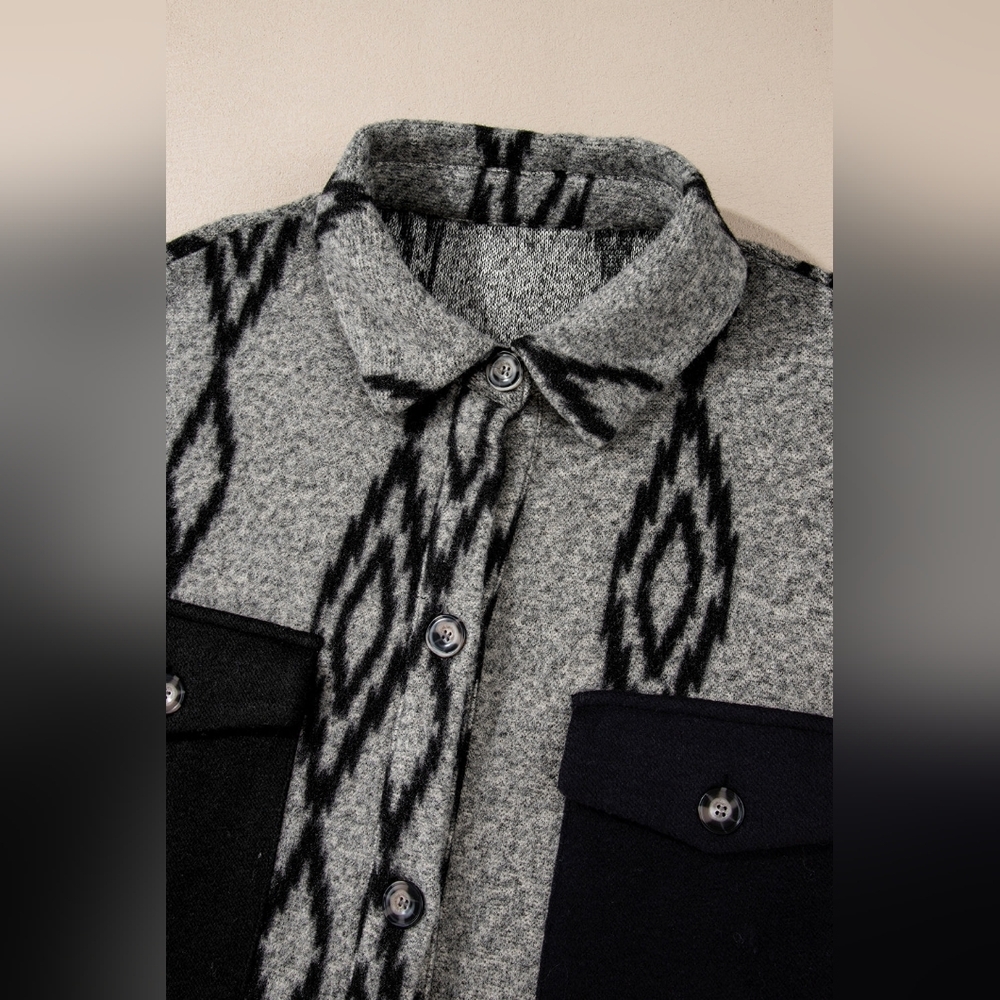 Grey Aztec Loose Oversize Fleece Shacket Layering Piece - Picture 8 of 12